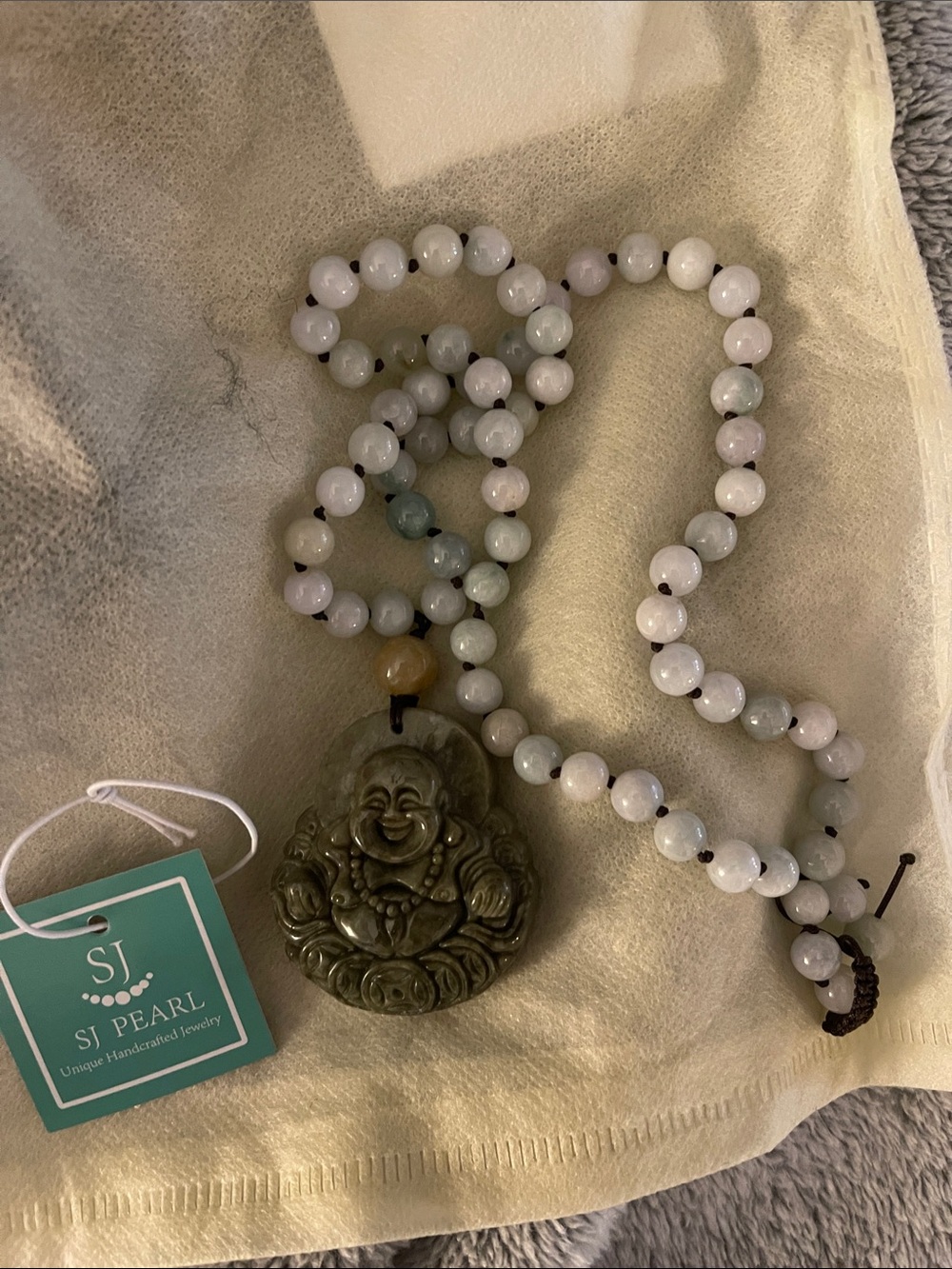Green Jade Bead Necklace with Carved Buddha Pendant
